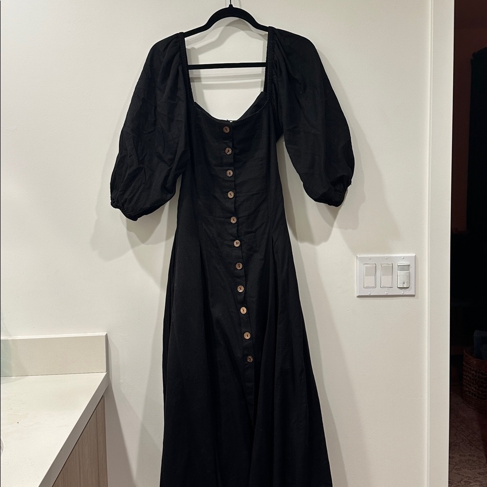 Free people cotton linen blend button front princess seam balloon sleeve dress